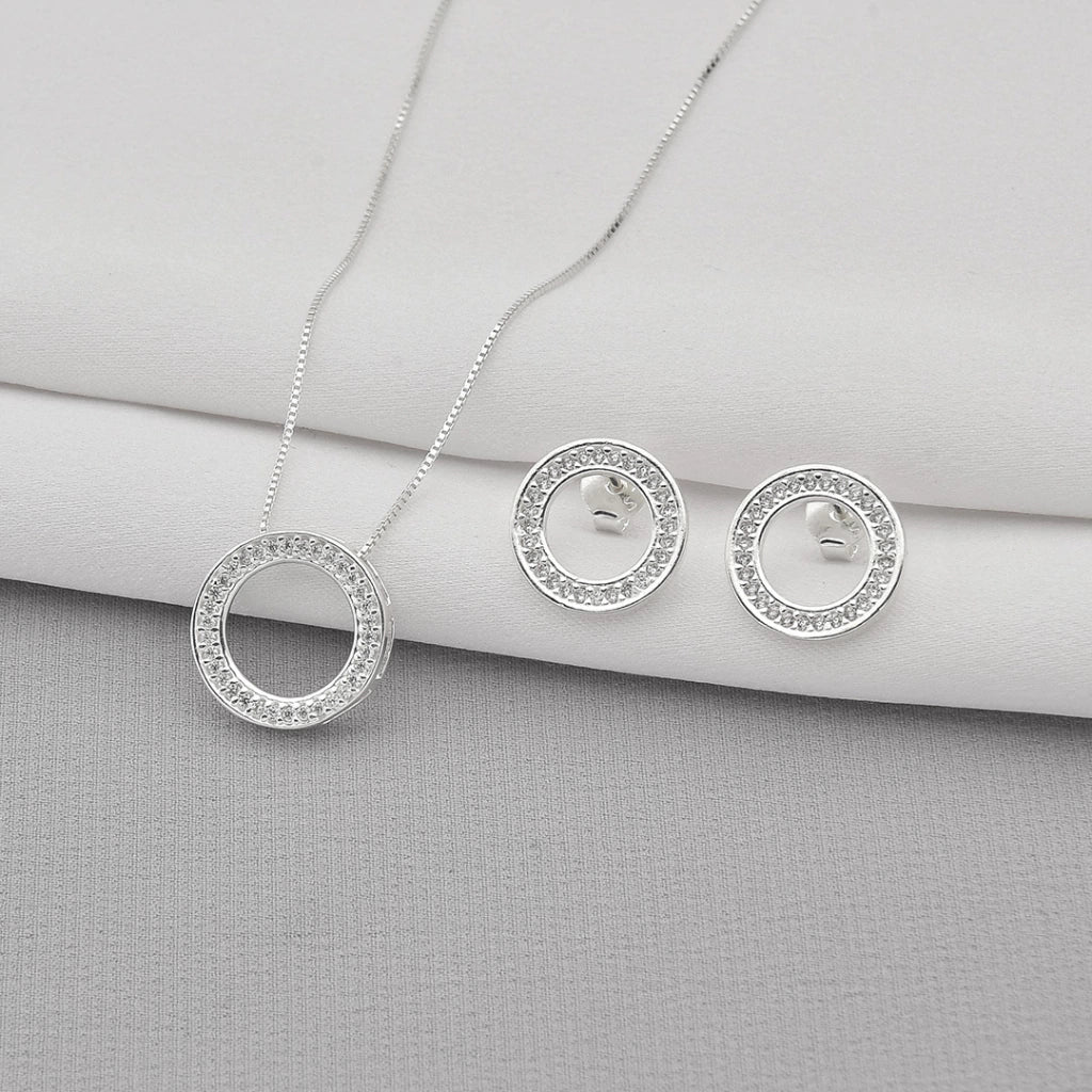 Conjunto de Prata Circulo Cravejado