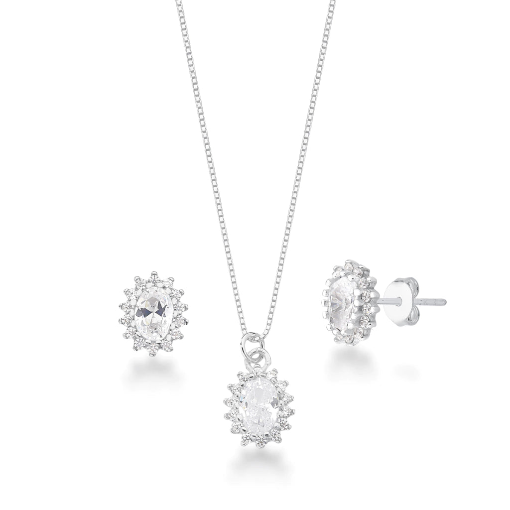 Conjunto de Prata Ponto de Luz Oval Cristal Cravejado